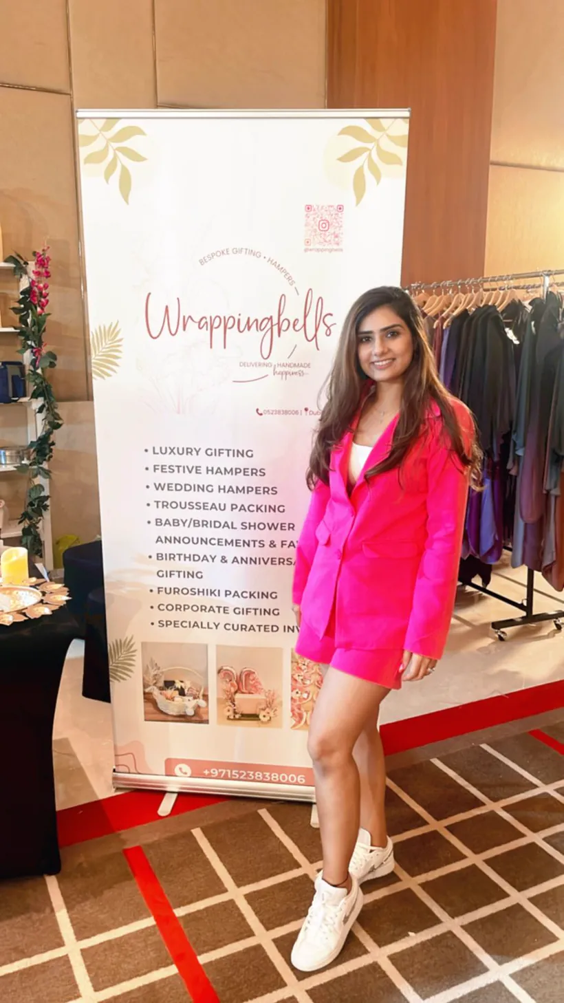 The Wrappingbells founder beside her bespoke gifting display